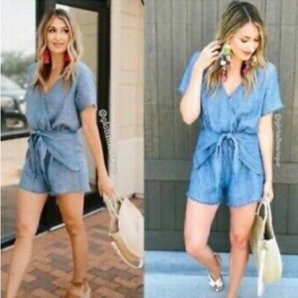 Anthropologie Sanctuary Montana Blue Linen Front Wrap Tie Waist Romper - M - Picture 12 of 12